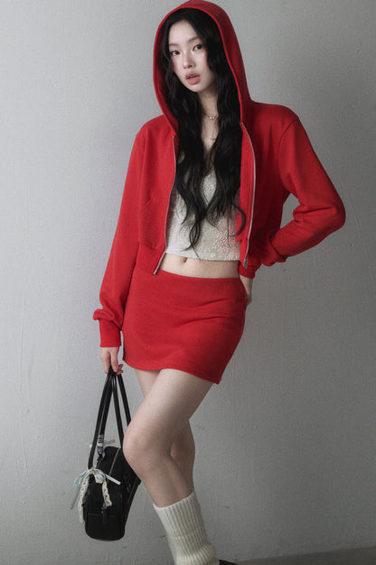 Red Hooded Zip-Up Sweatshirt and Hip-Hugging Skirt Set-Up