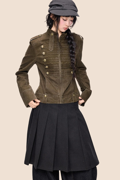 Double-Breasted Stand-Up Collar Short Denim Jacket