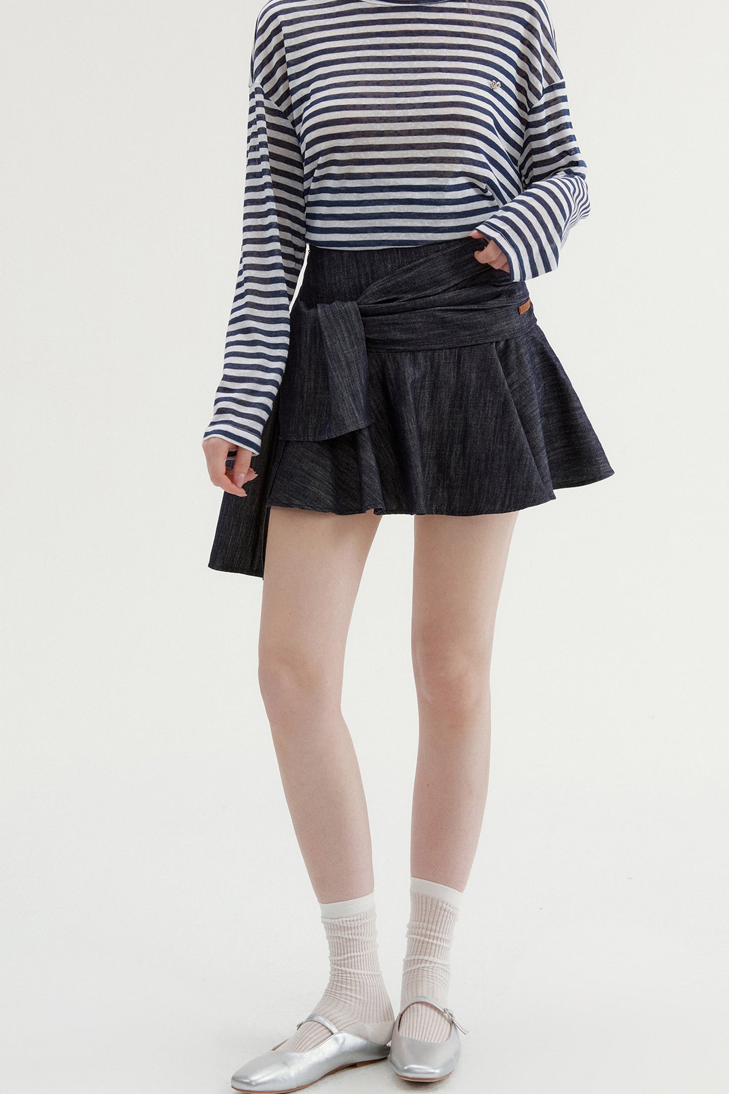 Navy Striped Long-Sleeve Top and A-Line Denim Skirt Set