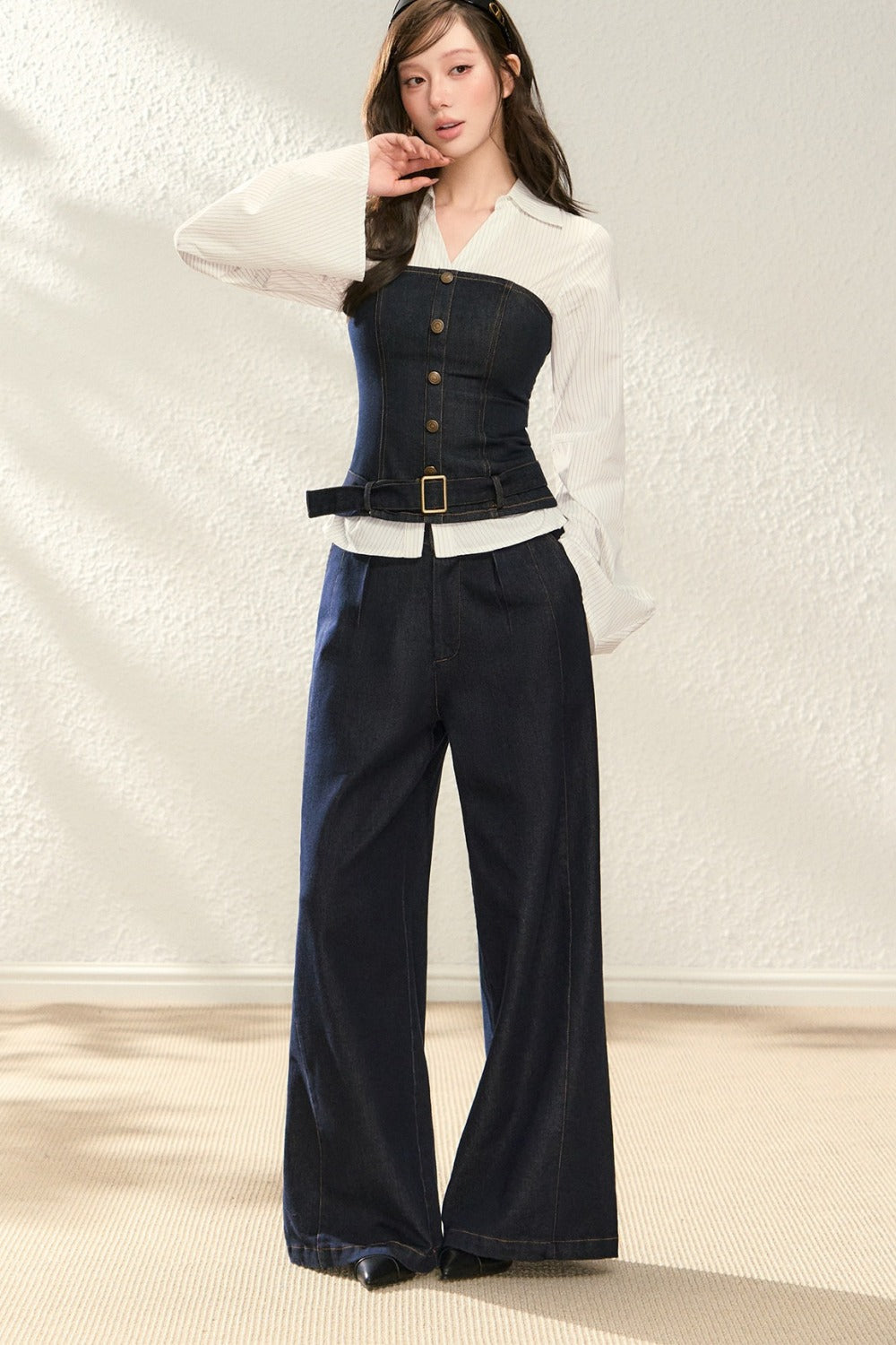 Color-Blocked Denim Two-Piece Set
