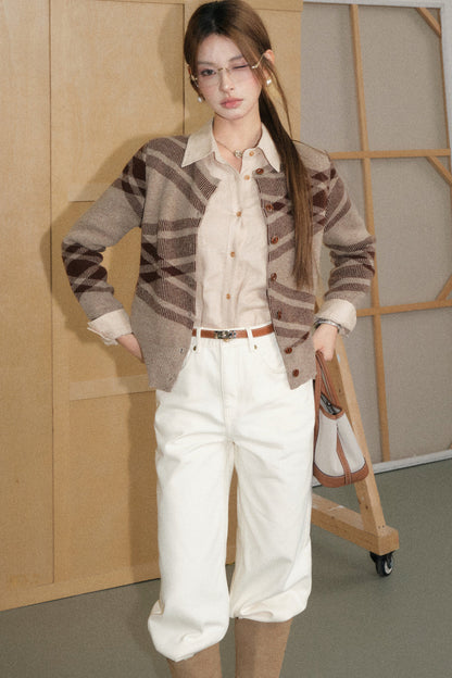 Coffee Plaid Wool Cardigan, Shirt and Pants Set-Up