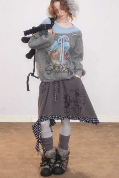 Rabbit Print Bow Knit Sweater