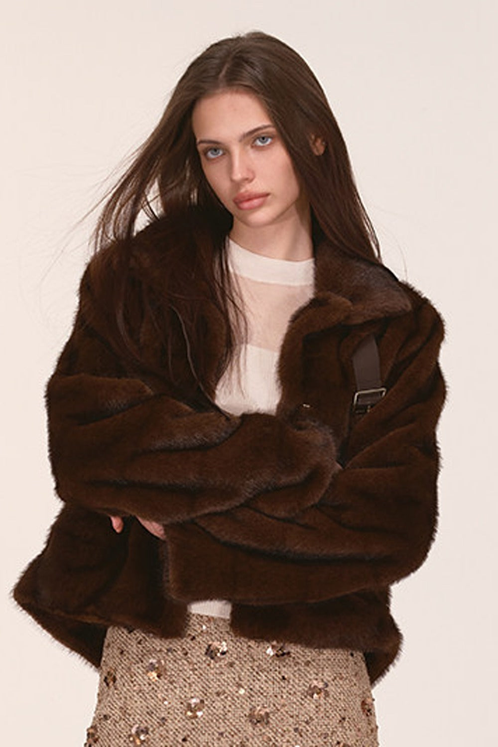 Stand Collar Faux Mink Fur Jacket