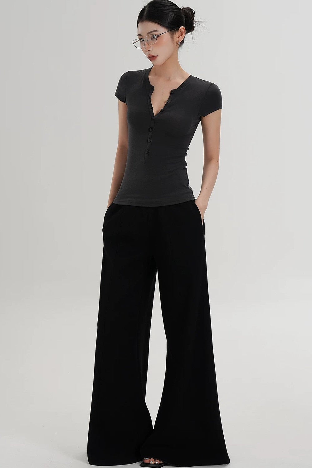 Wool Henley V-Neck Short Sleeve Top