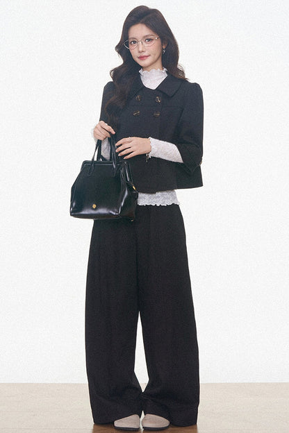 Double-Breasted Woolen Jacket With Midi Skirt and Pants Set-Up