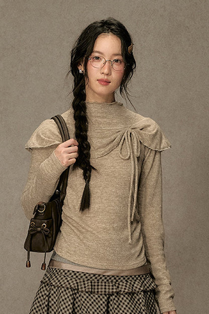Bowknot Cape Collar Long Sleeve Top