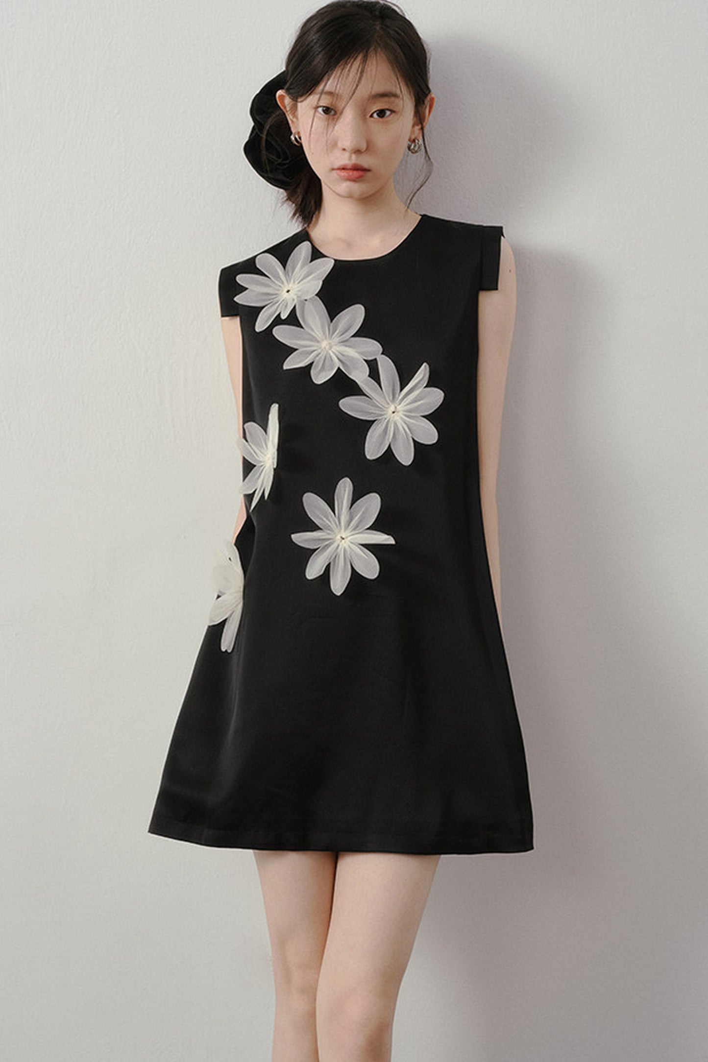 3D Floral Appliqué Satin Sleeveless Dress
