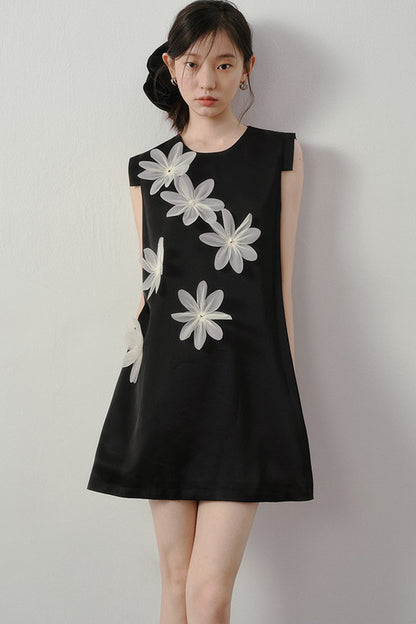 3D Floral Appliqué Satin Sleeveless Dress