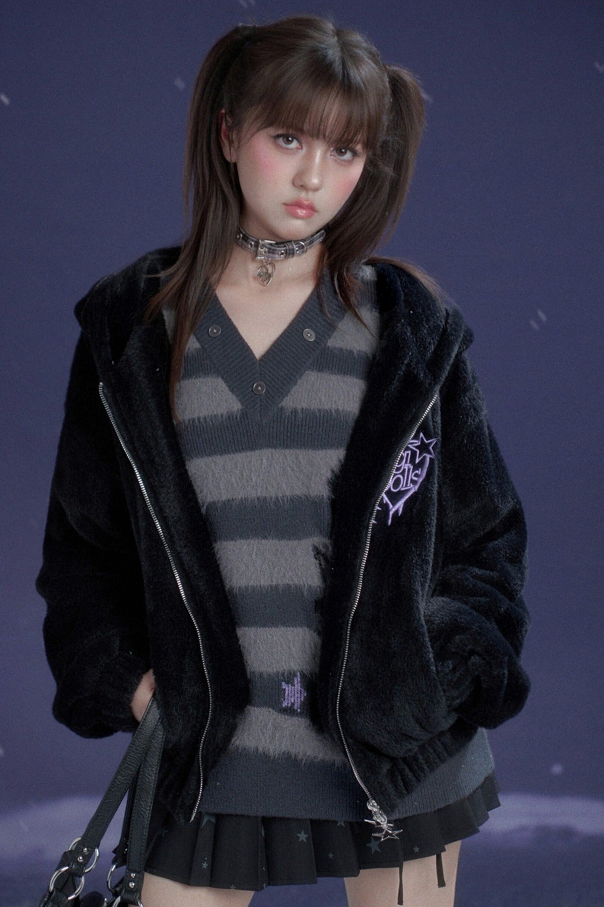 Halloween Meow Black Gray Striped Sweater With Scarf
