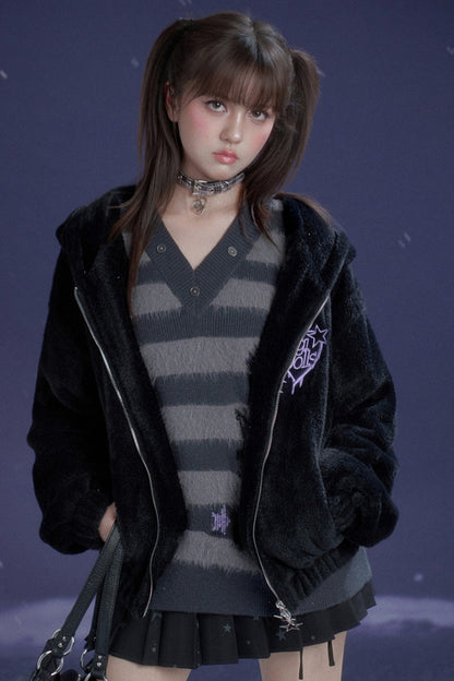 Halloween Meow Black Gray Striped Sweater With Scarf