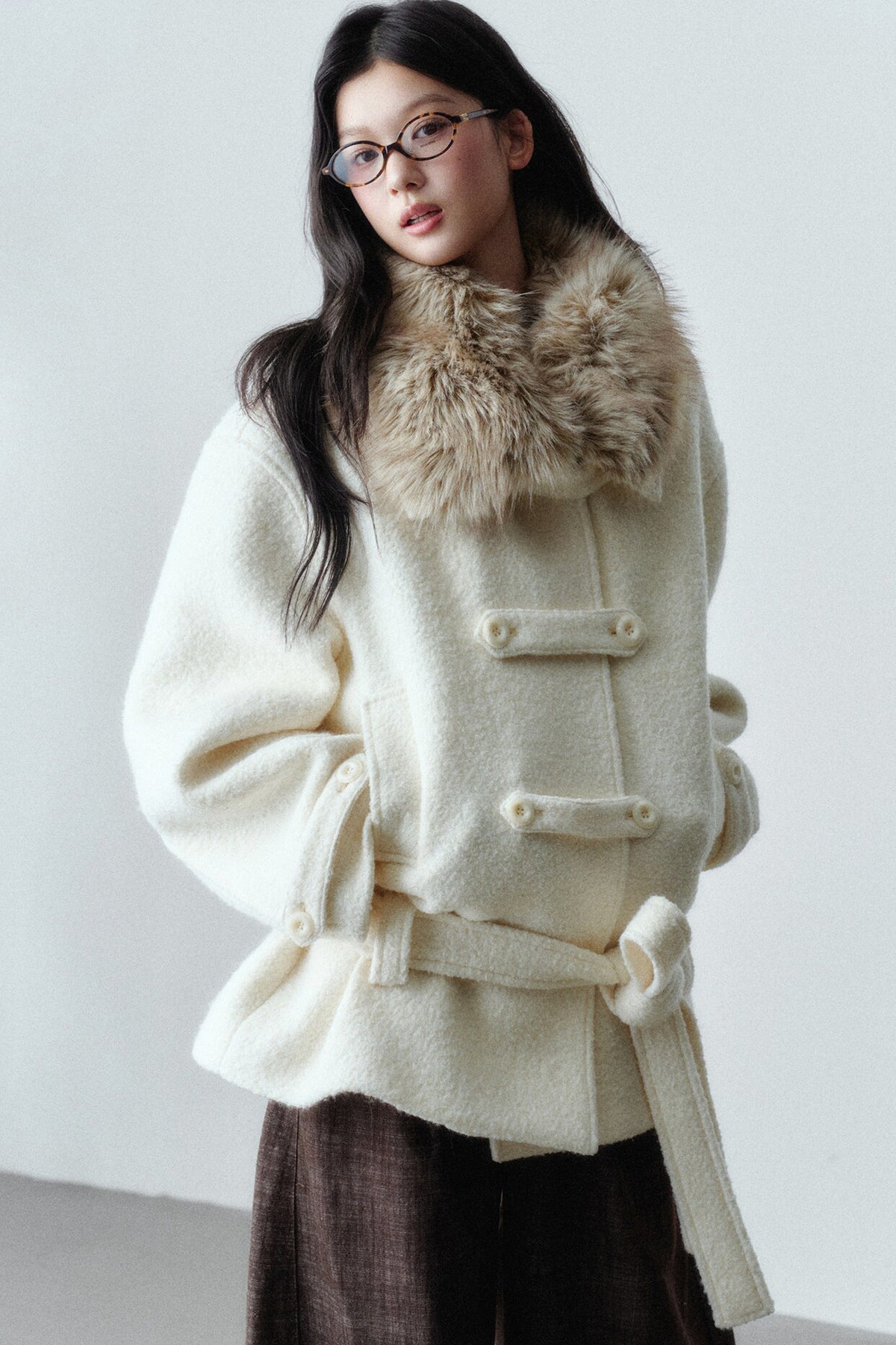 Napoleon Buckle Wool Fur Collar Jacket