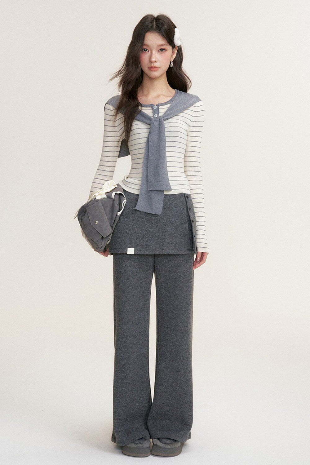 Striped Shawl Collar Long Sleeve Knit Sweater