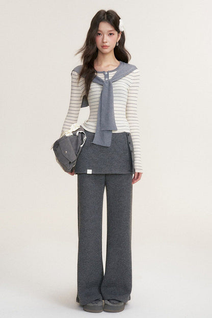 Striped Shawl Collar Long Sleeve Knit Sweater
