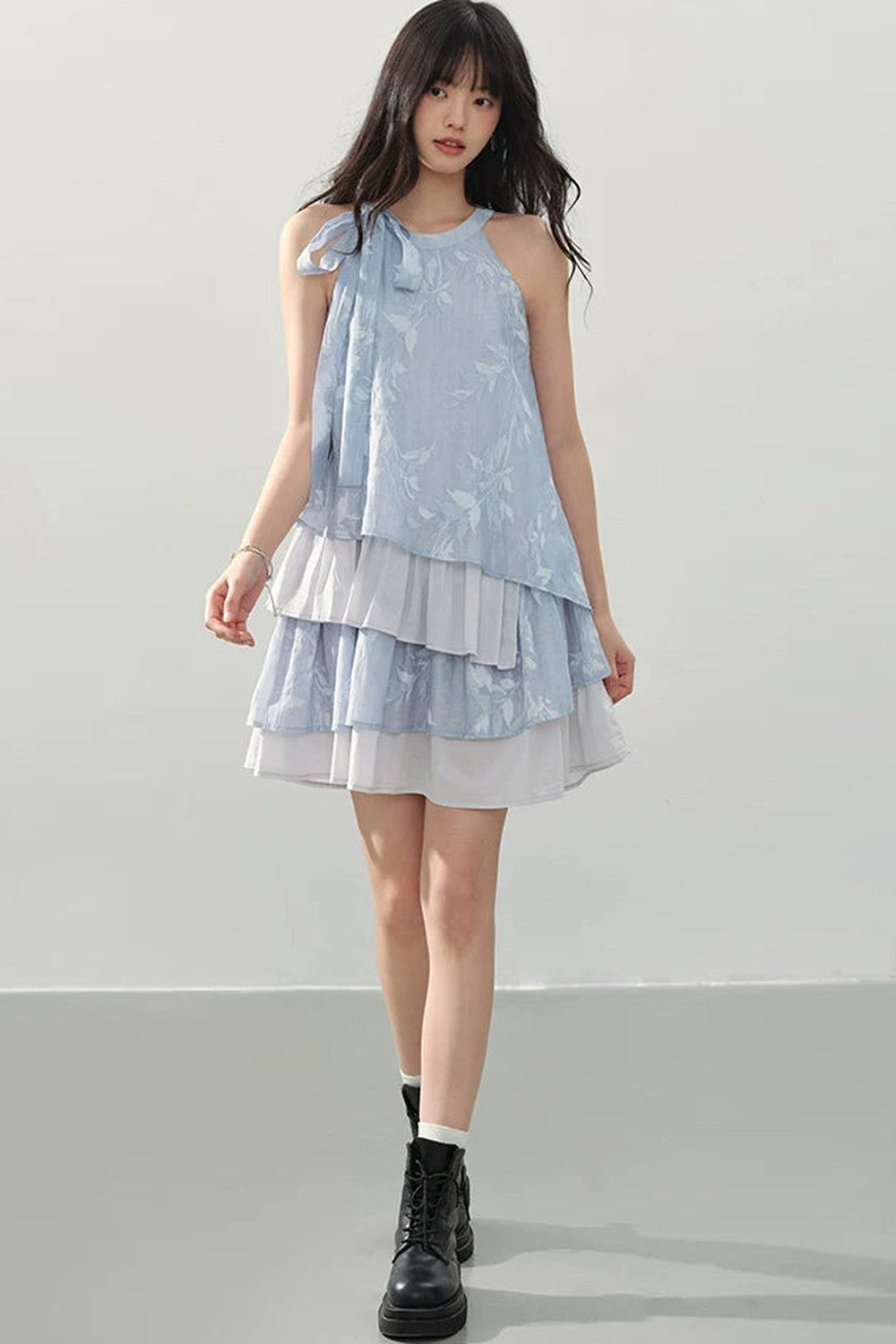 Blue Halter Print Tiered Dress