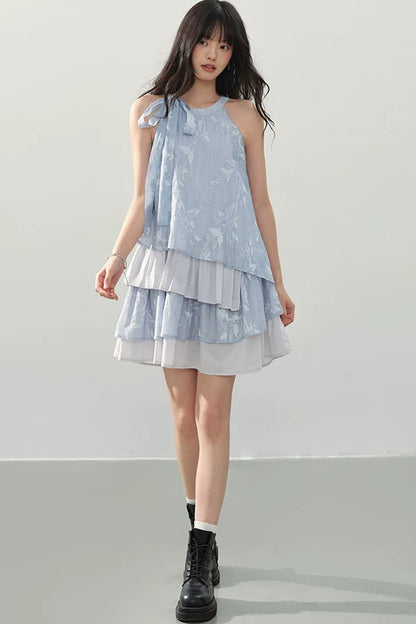 Blue Halter Print Tiered Dress