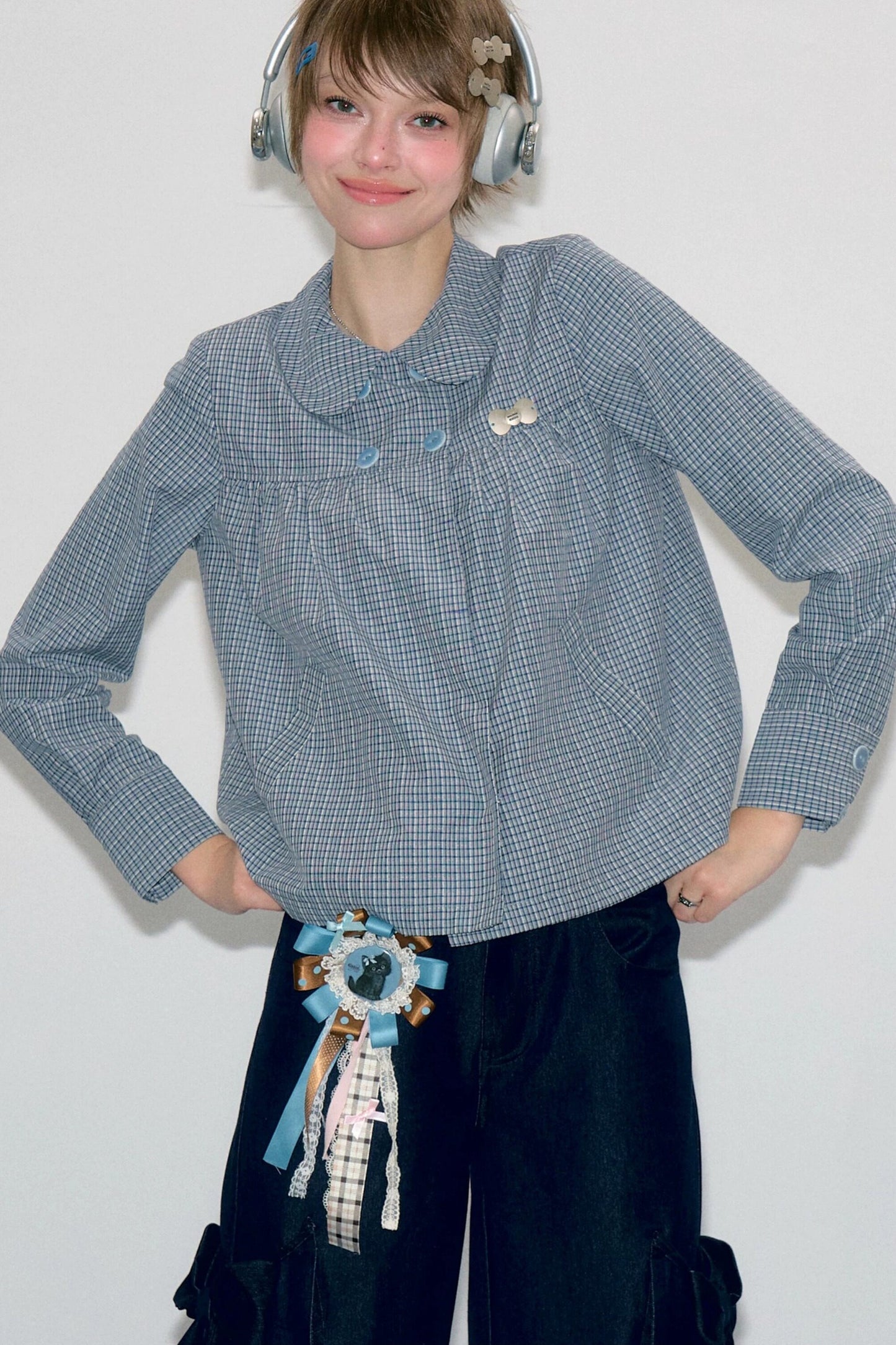 Pink Plaid Doll Collar Shirt