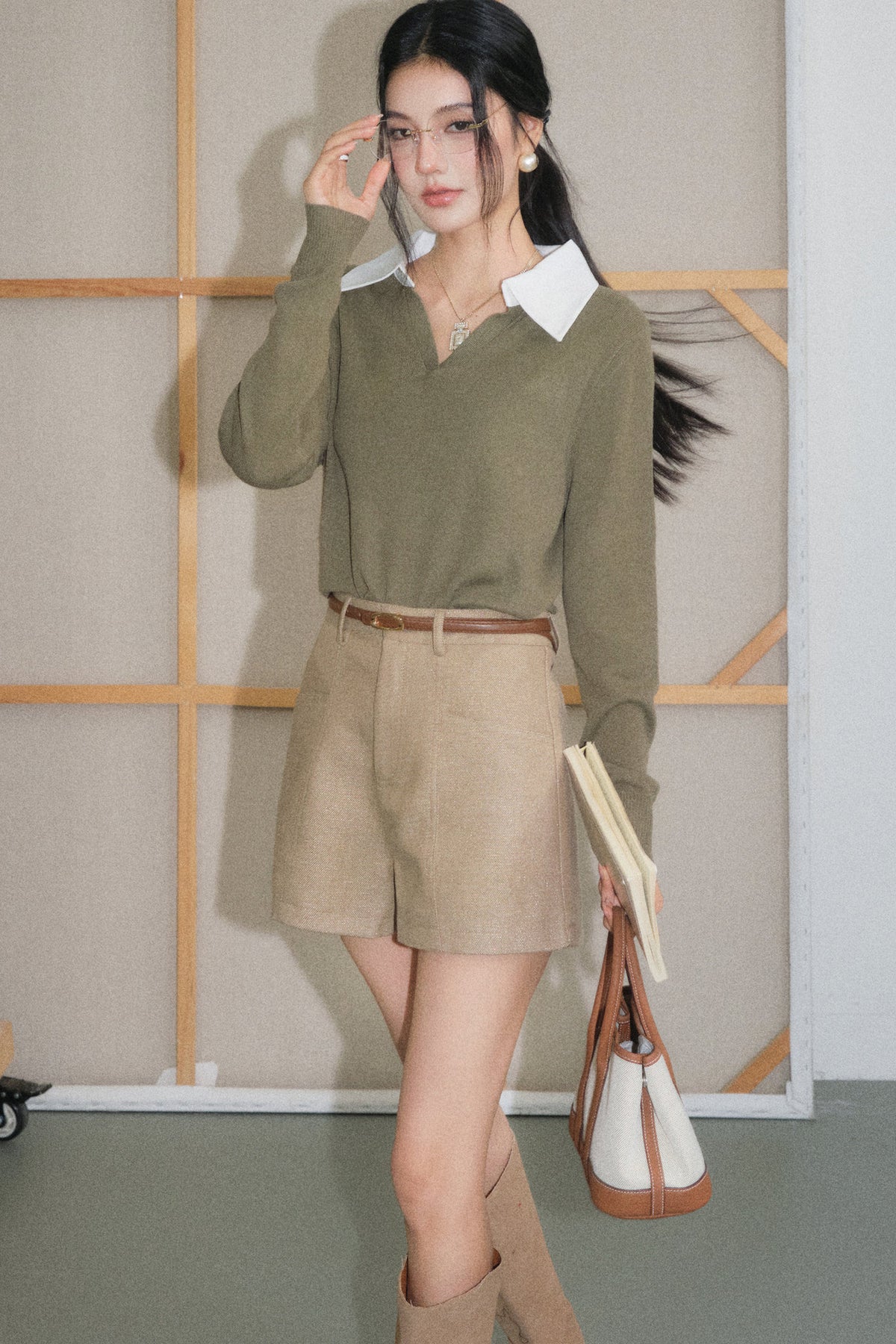 Light Camel Lapel Knit Top and White Pants Set-Up