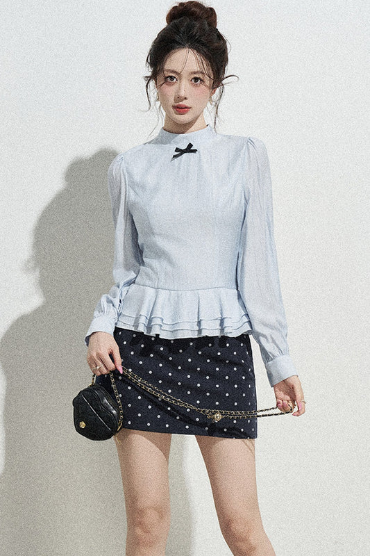 Blue Long-Sleeve Ruffle Collar Blouse And Skirt Set-Up