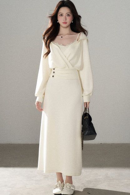 Apricot Flared Lace Dress and Hooded Sweatshirt