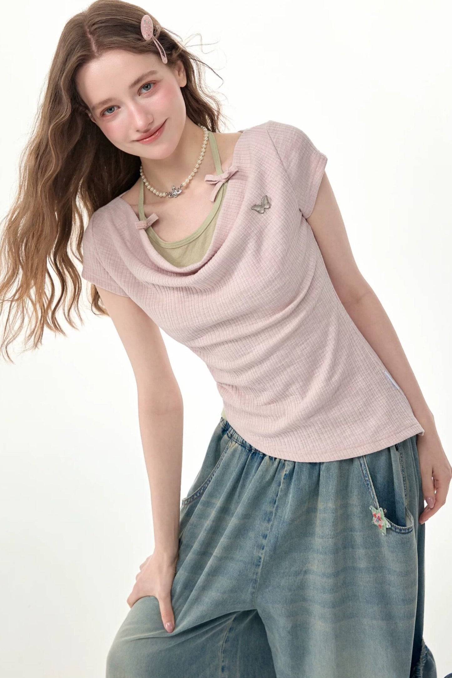 Flared Collar Pink Halter Neck Top