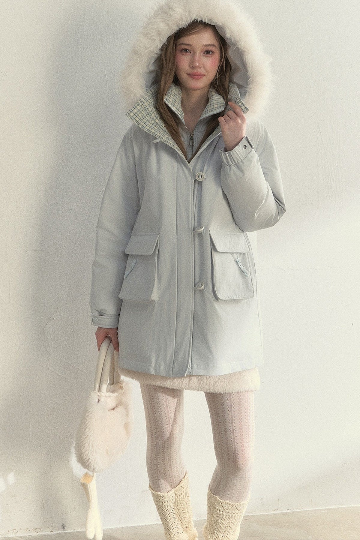 Patchwork Plaid Fur Collar Down Jacket