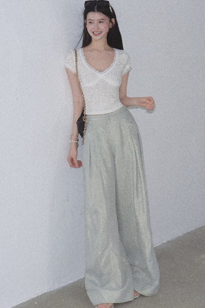 V-Neck White Lace Trim Short-Sleeve Top