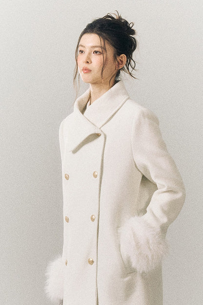 White Wool Detachable Fur Sleeve Coat