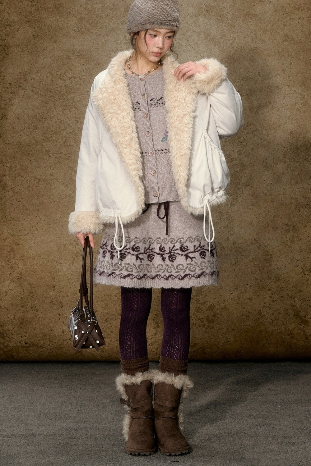 High-Waisted Floral Jacquard Knit A-Line Drawstring Skirt Set-Up
