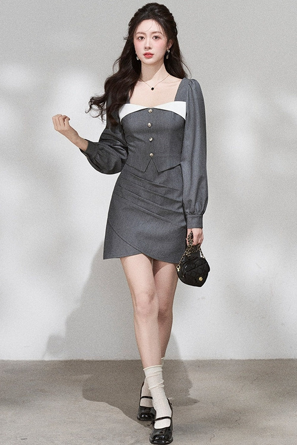 Square Neck Long Sleeve Dress
