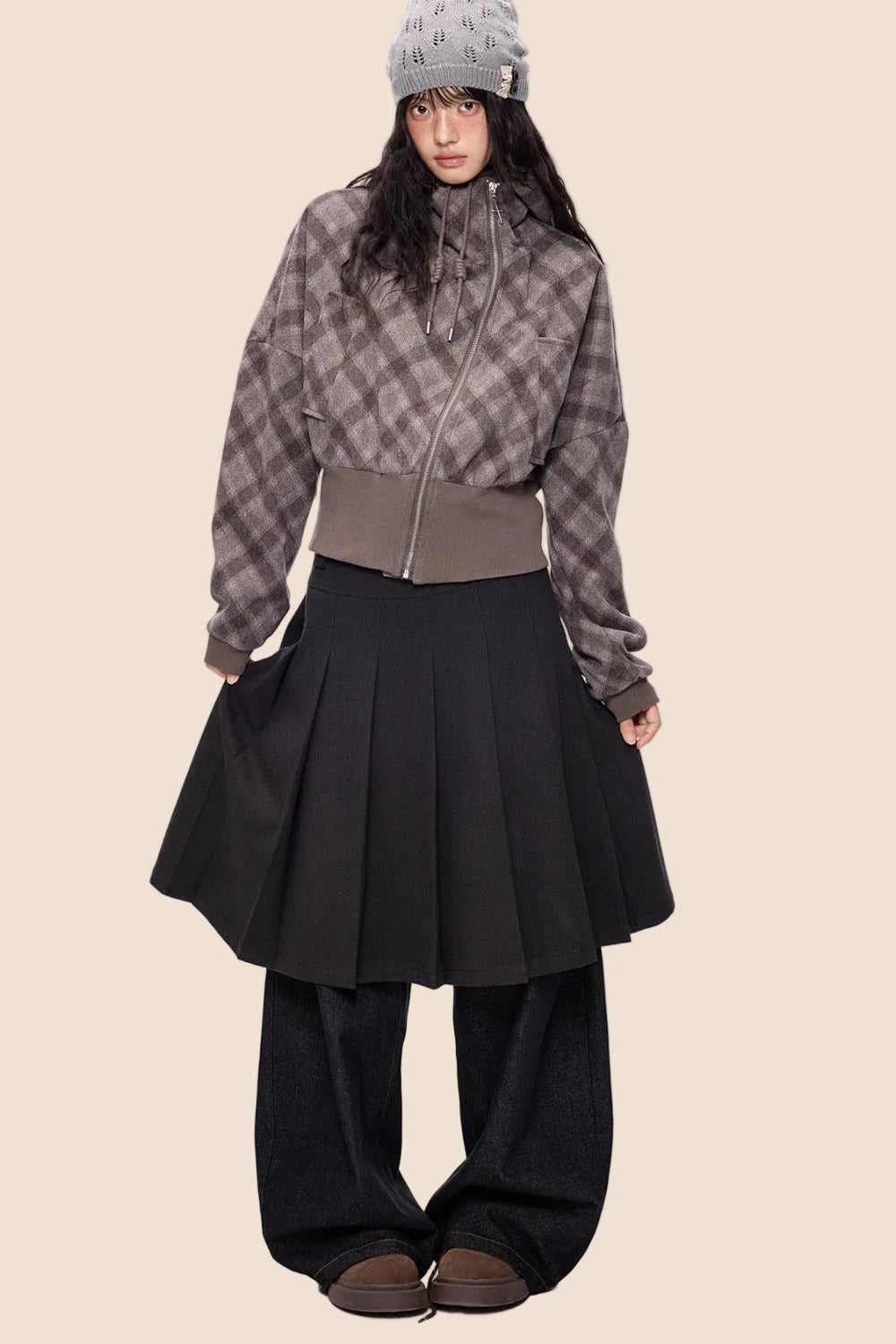 Plaid Patchwork Hem Hooded Jacket