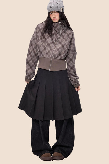 Plaid Patchwork Hem Hooded Jacket