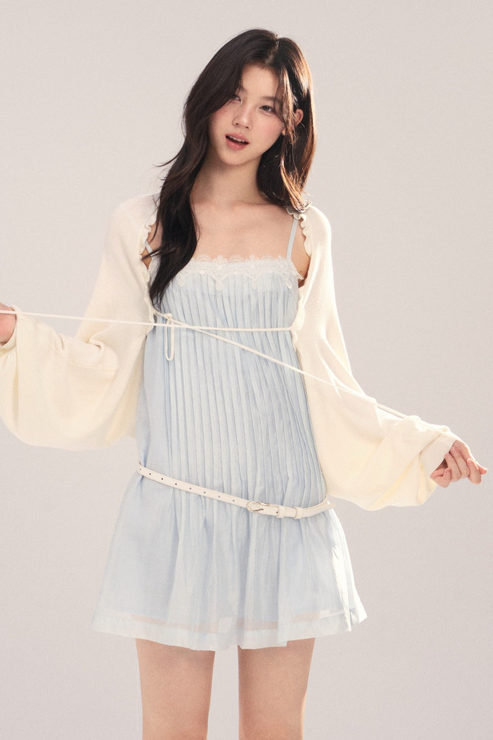 Suspender Dress with Lantern Sleeve Shawl Cardigan Set-Up