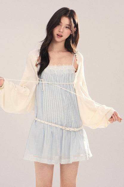 Suspender Dress with Lantern Sleeve Shawl Cardigan Set-Up