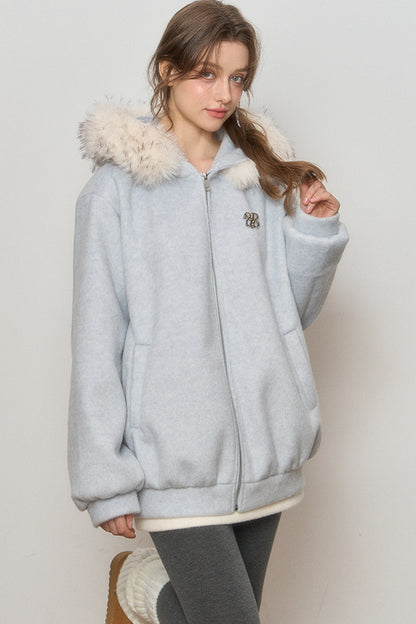 Hooded Fur Collar Woolen Jacket
