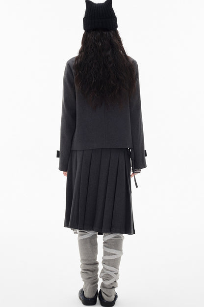 Double-Breasted Wool Coat and Pleated Skirt Set