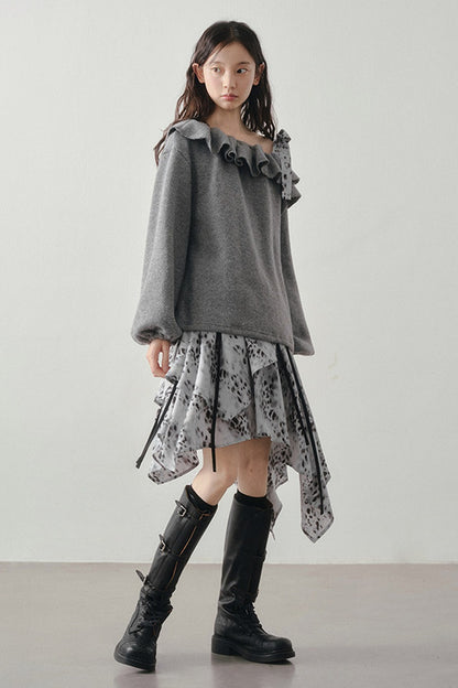 Gray Off-Shoulder Sweater Leopard Skirt Set-Up