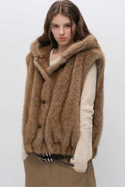 Hooded Faux Fox Fur Vest