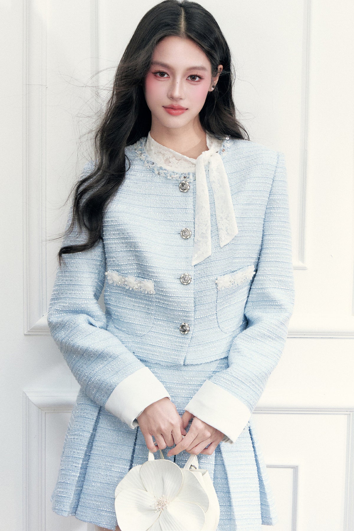 Beaded Tweed Jacket Pleated Skirt Set-Up