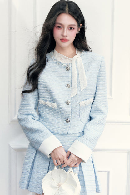 Beaded Tweed Jacket Pleated Skirt Set-Up