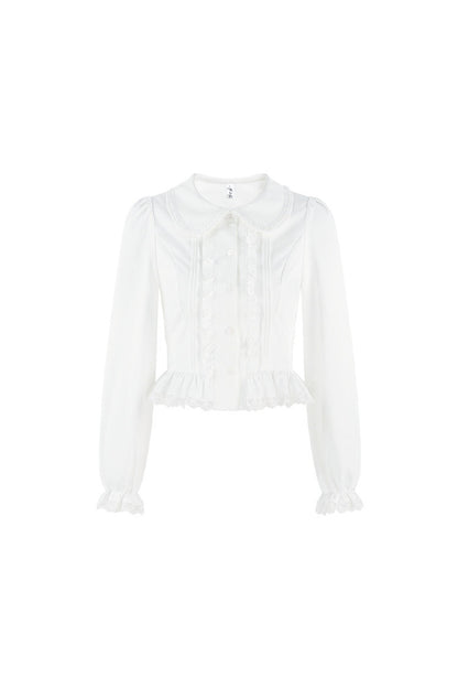 White Long-Sleeved Loose Pullover Doll Collar Shirt