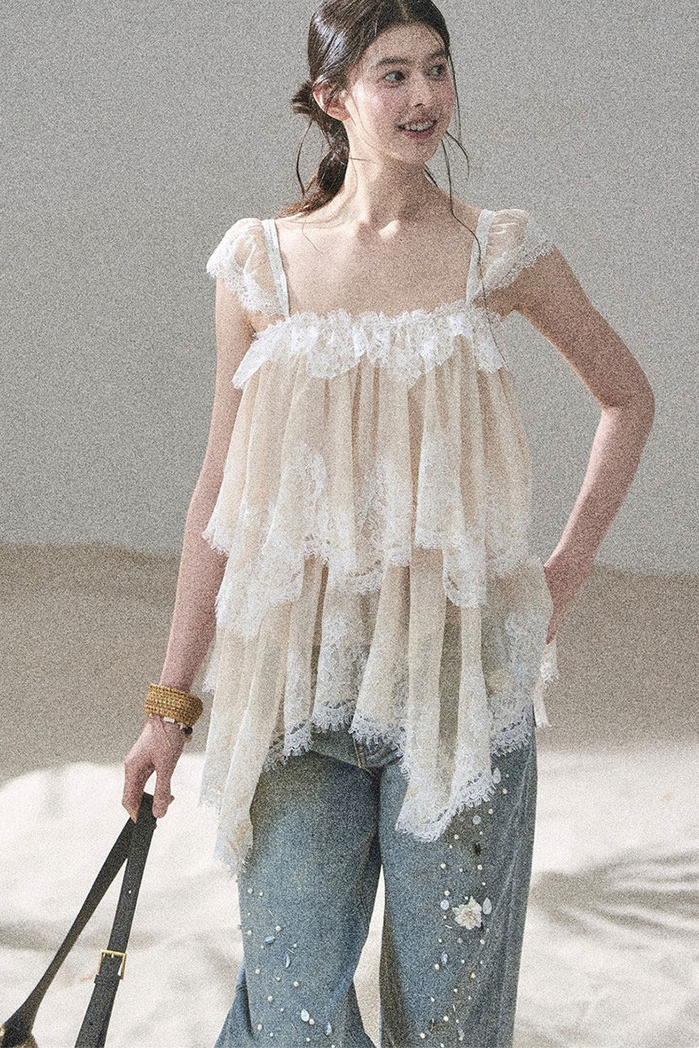 Asymmetric French Lace Mesh Top Set