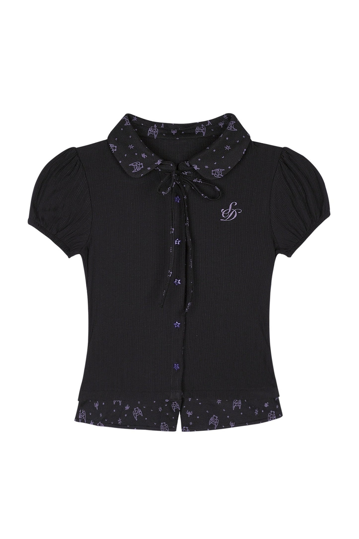 Dark Angel Bear Print Lapel Puff Sleeve Top
