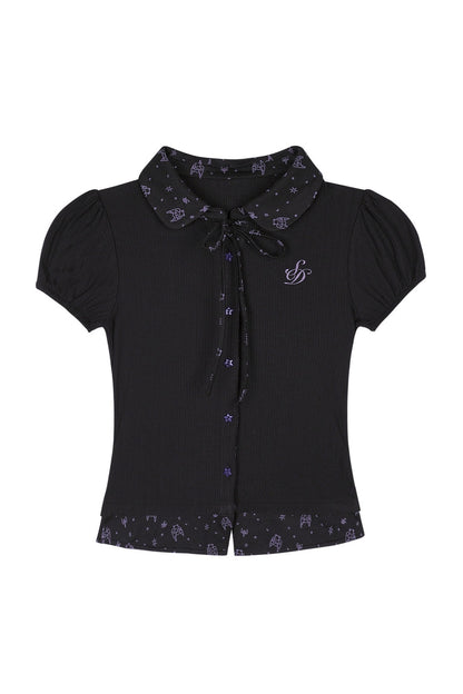 Dark Angel Bear Print Lapel Puff Sleeve Top