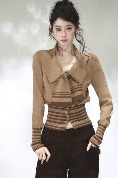Bow Tie Striped Knit Cardigan
