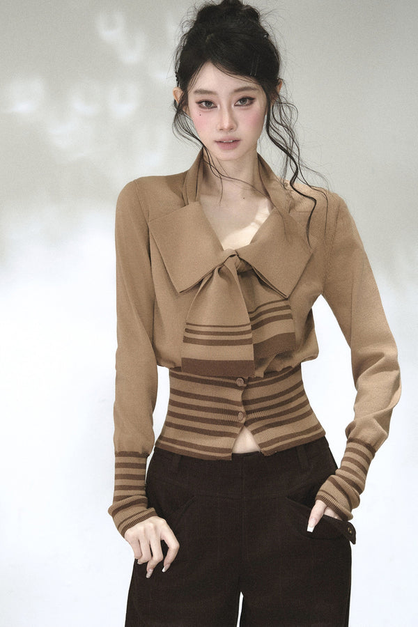 Bow Tie Striped Knit Cardigan