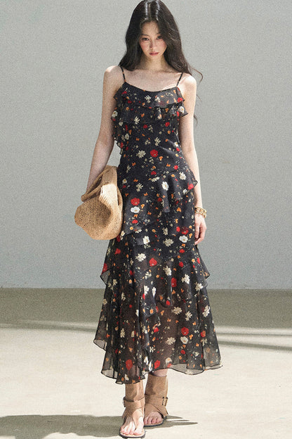 Robe à fines bretelles en mousseline à fleurs