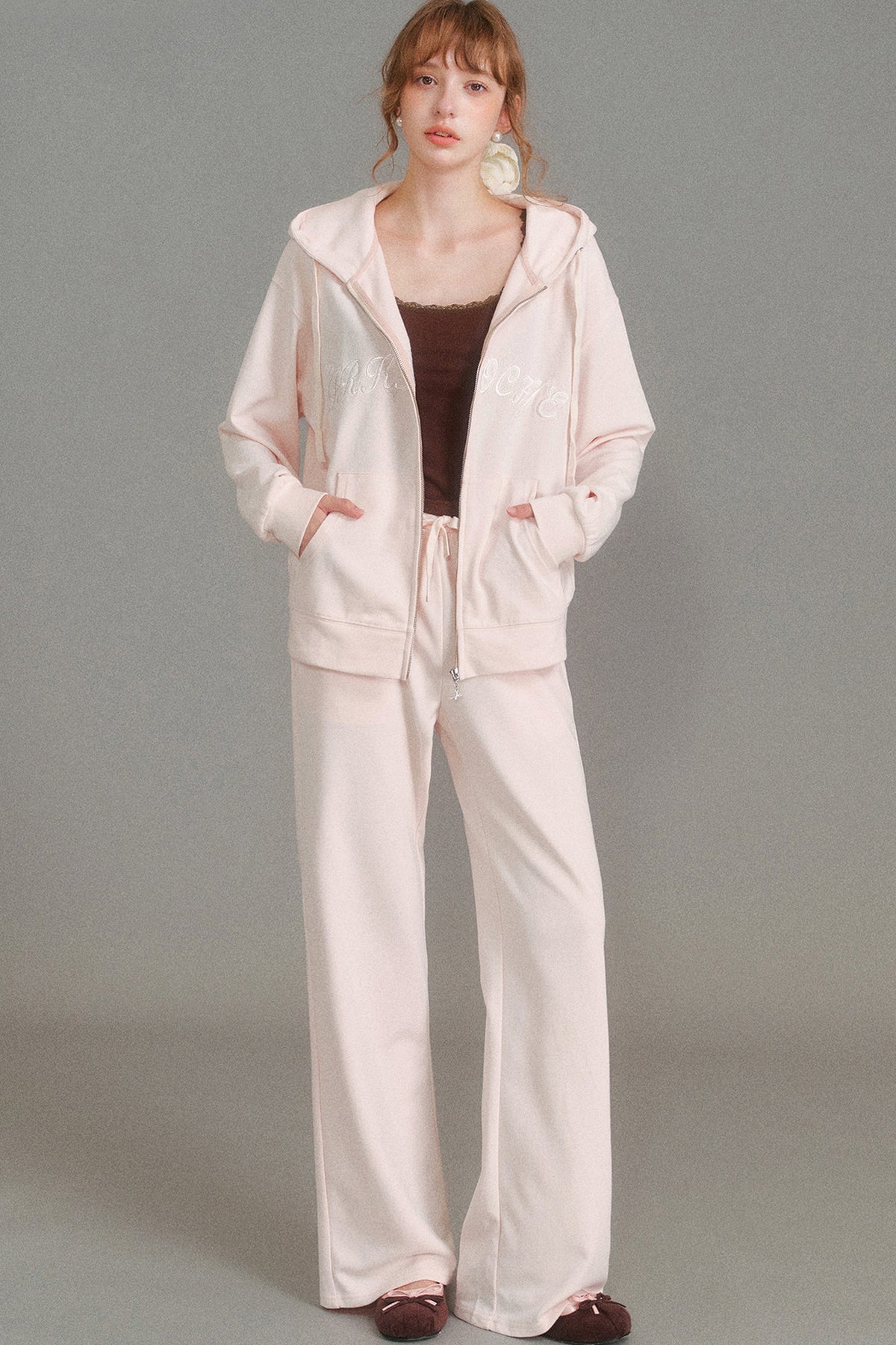 Hooded Logo Embroidered Sweatshirt Jacket and Drawstring Straight-Leg Sweatpants Set-Up