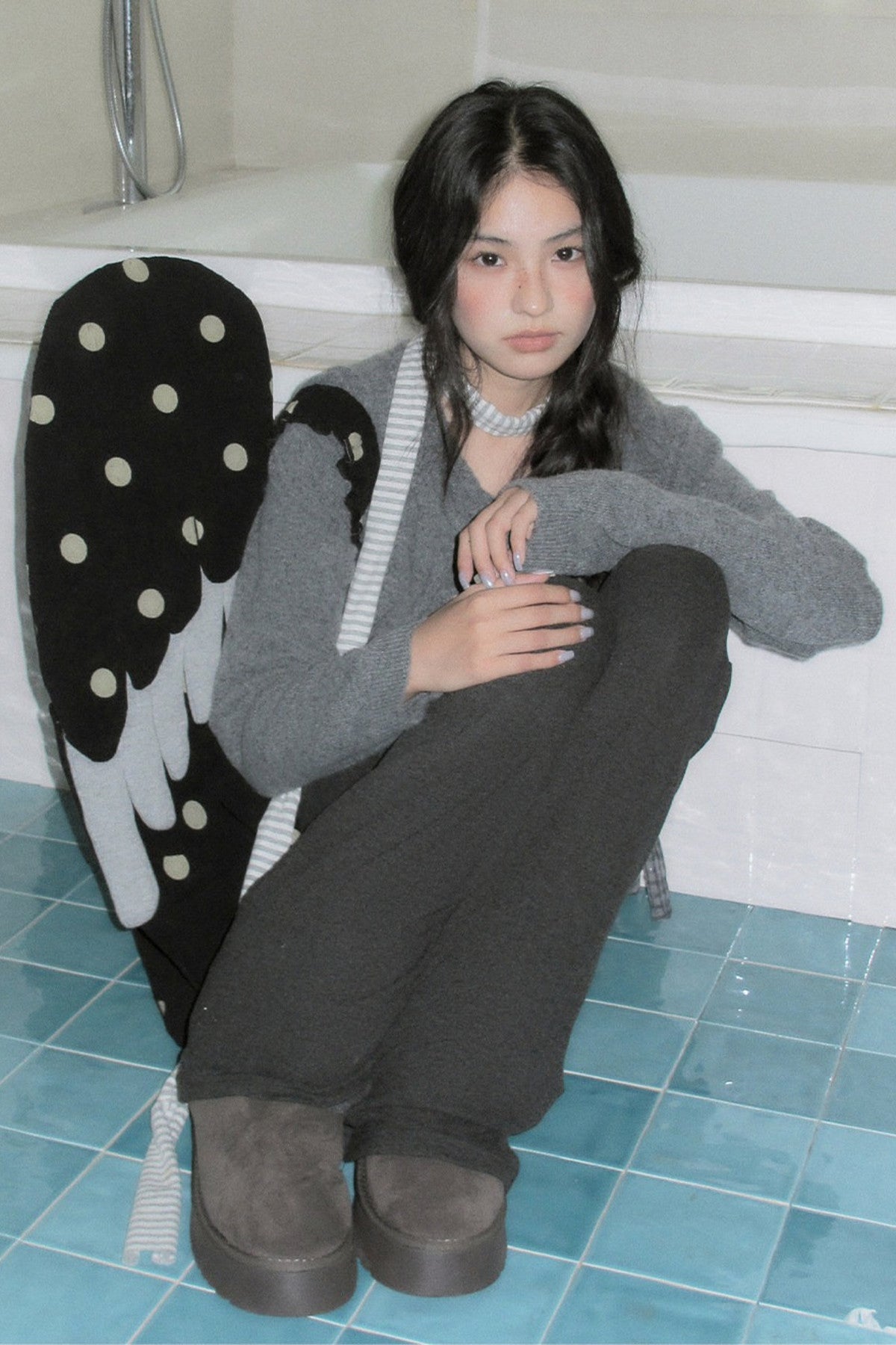 Gray Plaid Bow Knit Sweater and Pants Set-Up