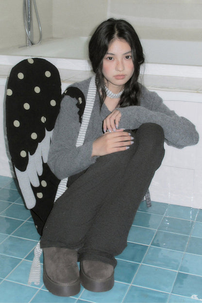 Gray Plaid Bow Knit Sweater and Pants Set-Up
