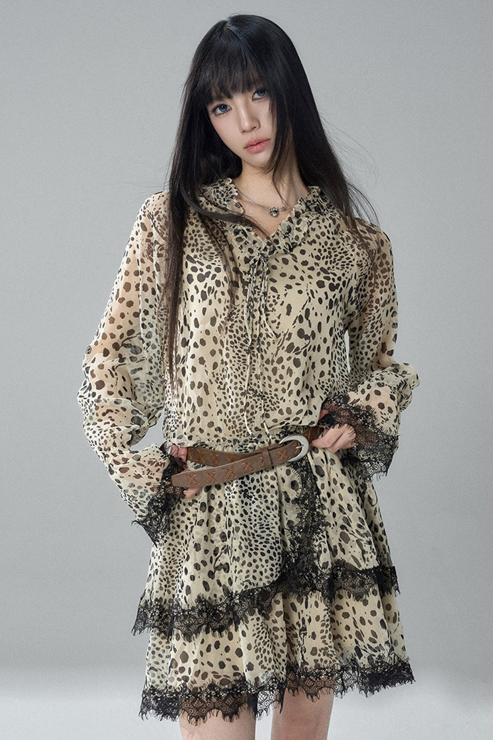 Long-Sleeve Chiffon Leopard Print Dress